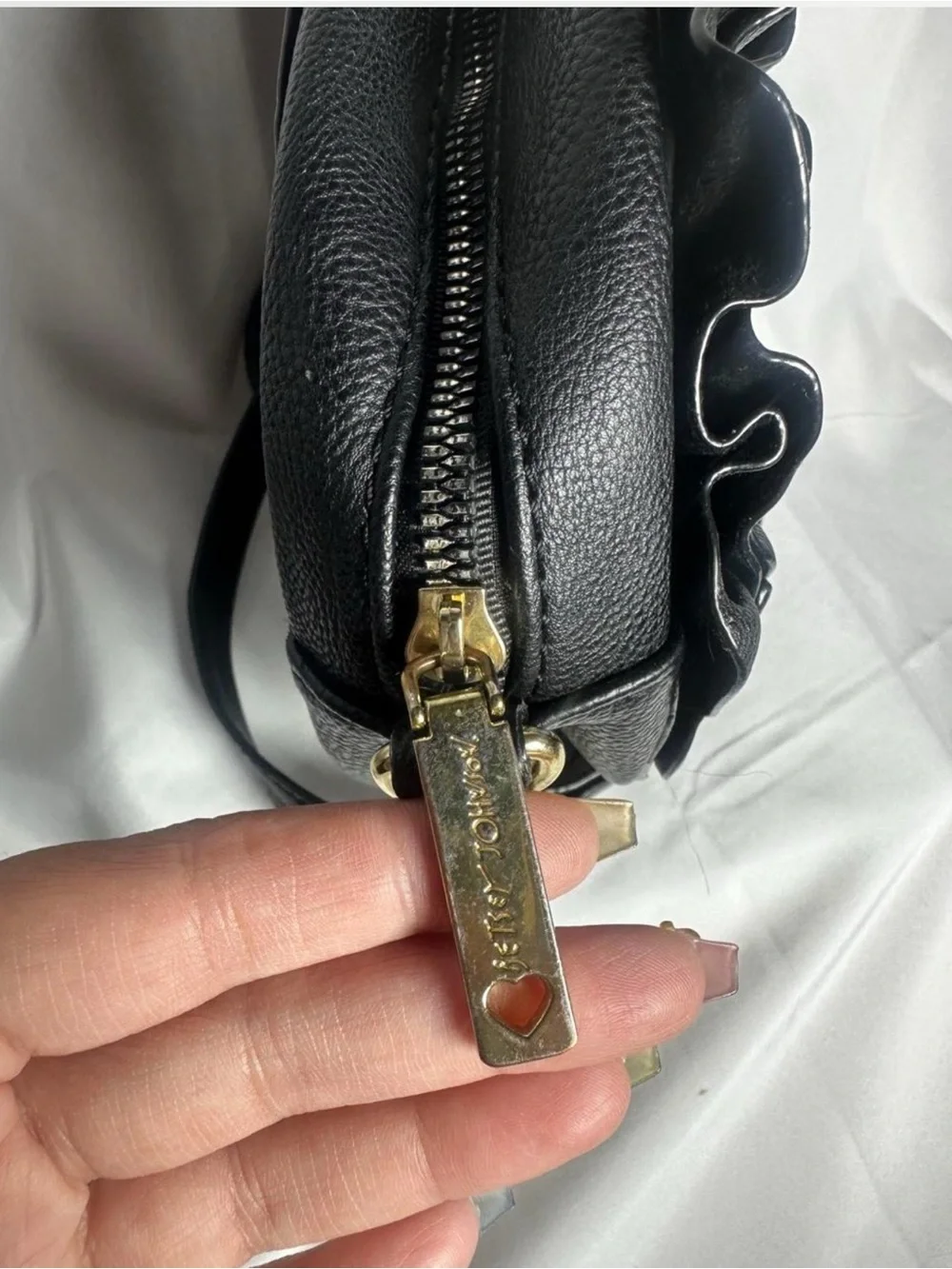 Black Ruffle Crossbody Bag with Gold Hardware